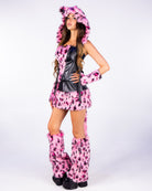 Wild Leopard 5pc pink kitty costume, full body side view on model with tail