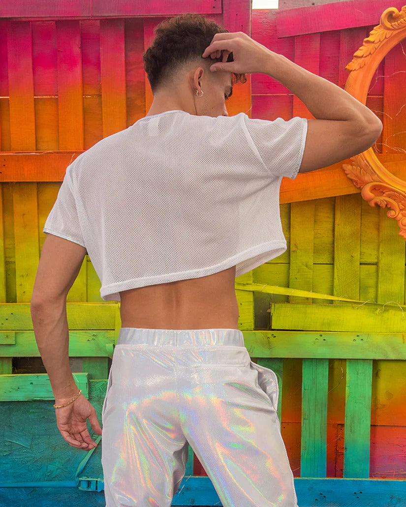 white cropped fishnet top