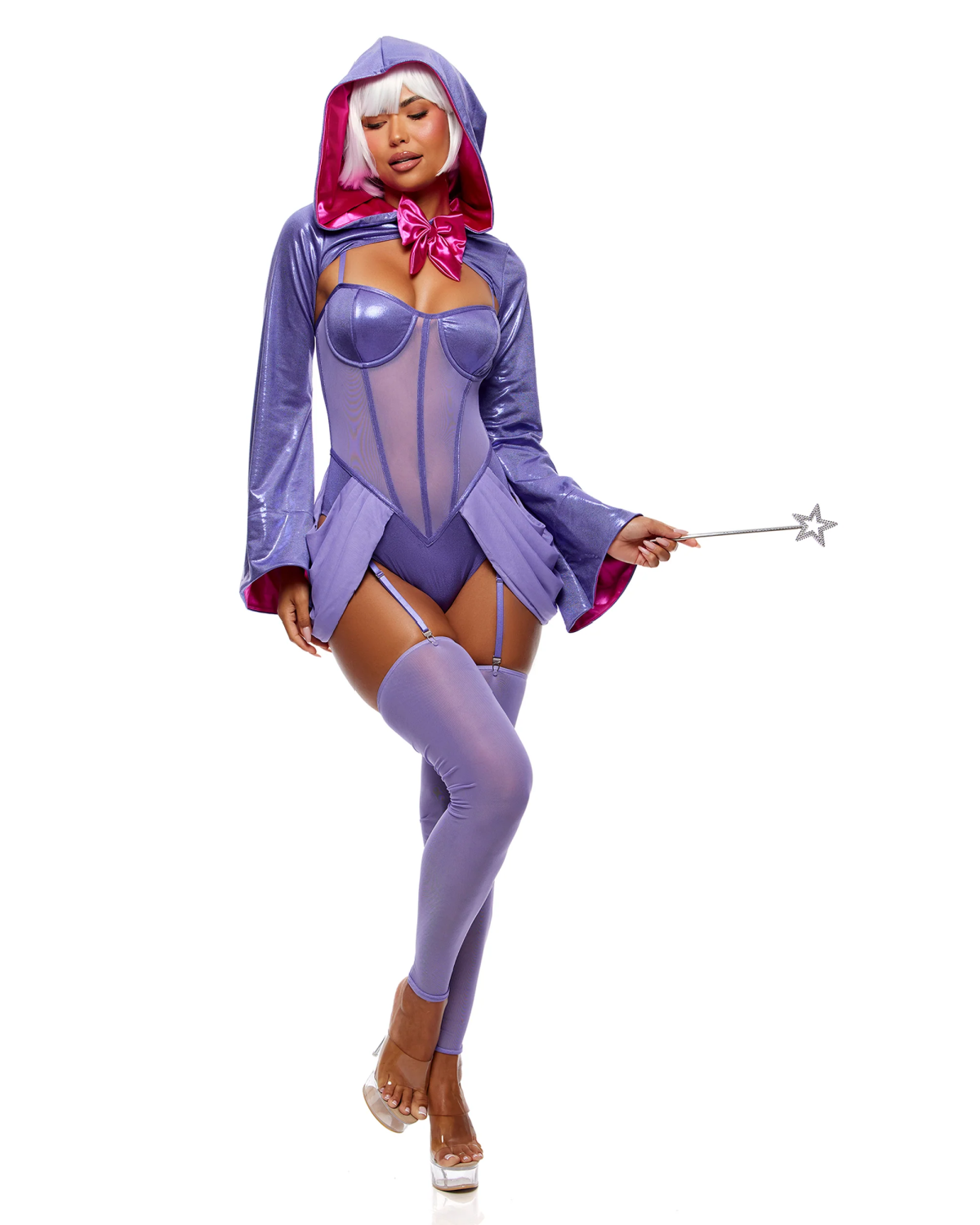 Wish Granted 4pc blue fairy godmother costume, purple hooded shrug, sheer corset bodysuit, stockings and wand