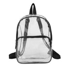 Clear small backpack with black trim, top handle, front zip pocket, shoulder straps