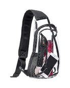Clear cross-body shoulder bag with black webbing strap and clear front pocket