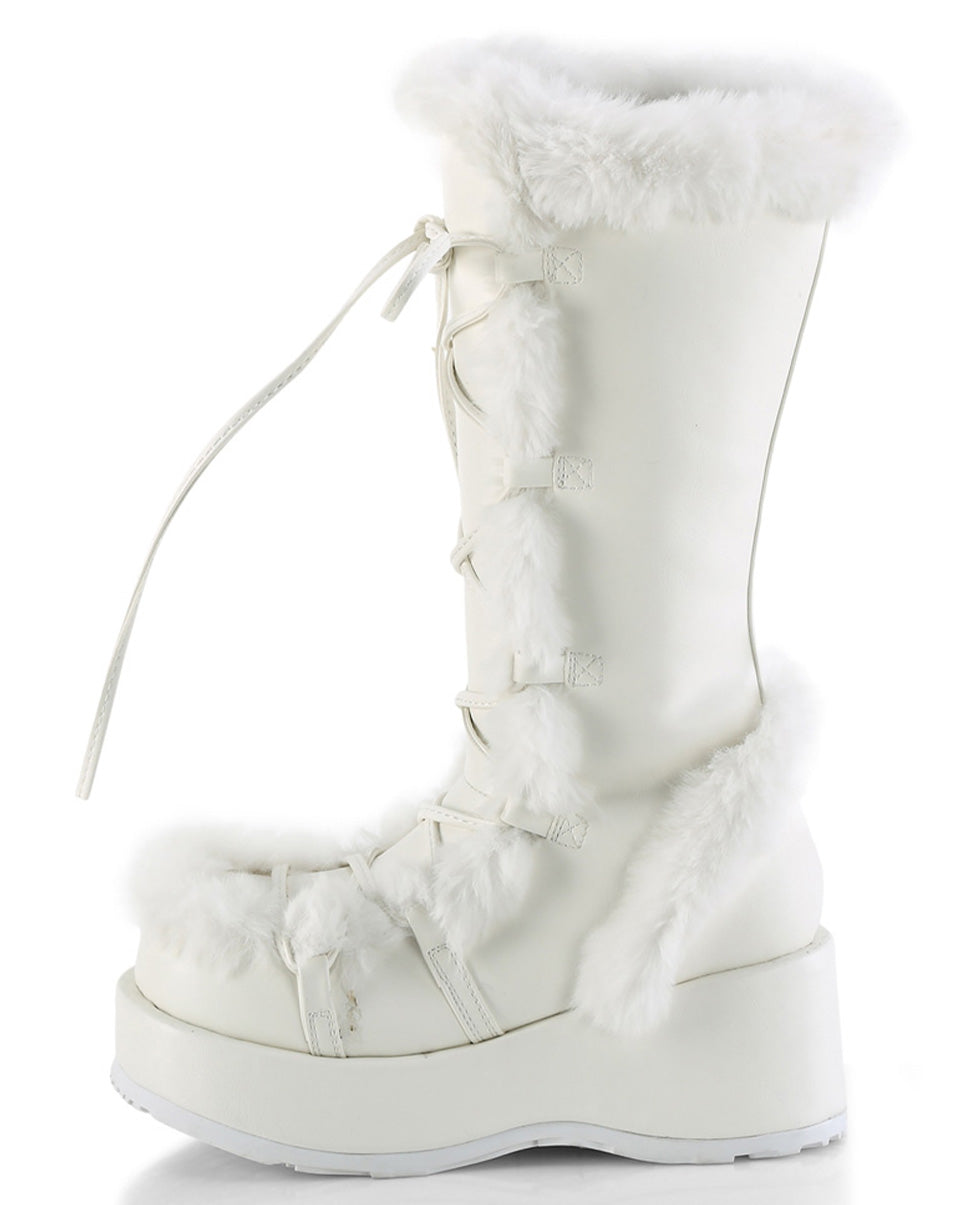 Demonia White Winter Solstice Faux Fur Boots – Rave Wonderland