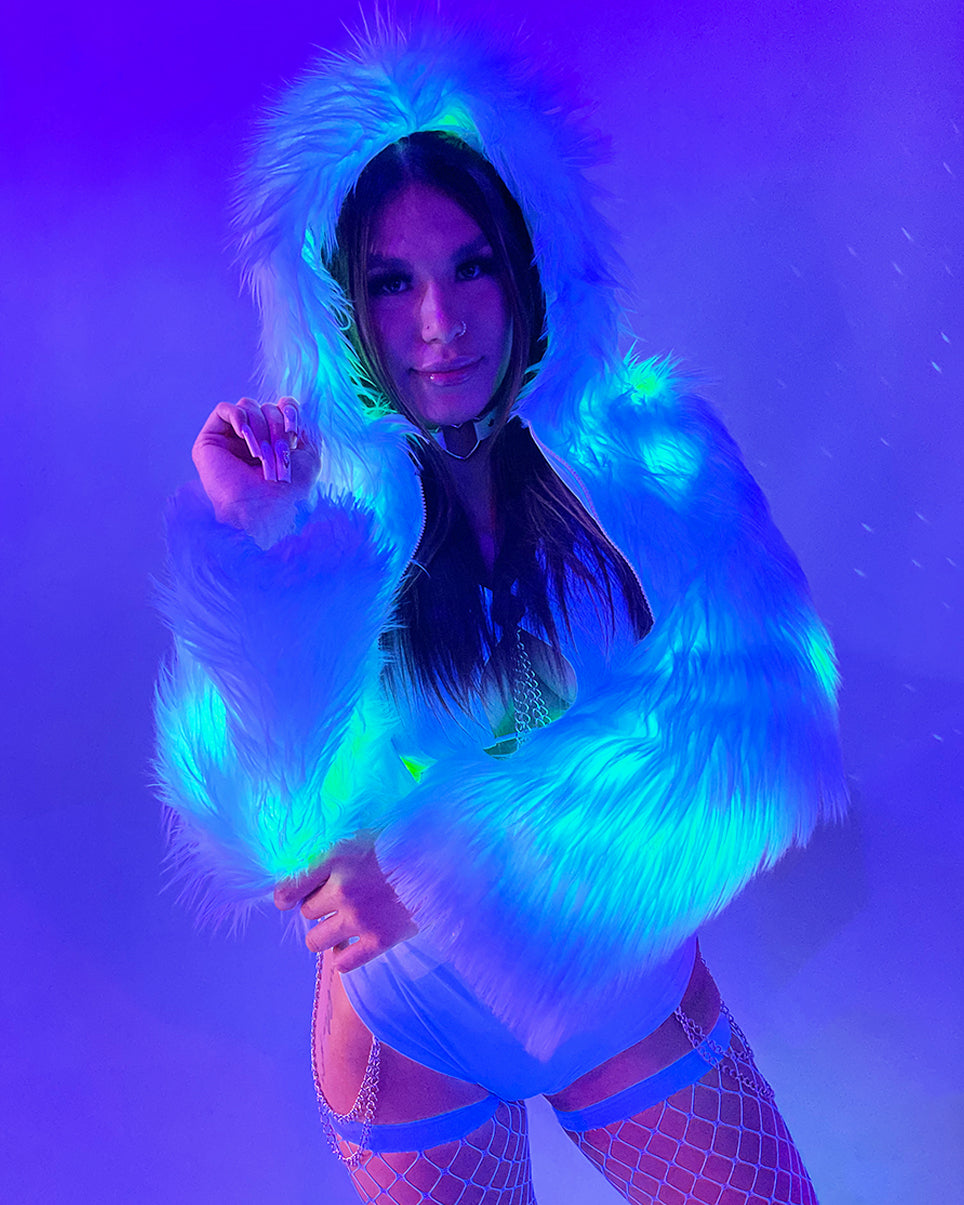 Green LED White Furry Cropped Hooded Jacket - Rave Wonderland