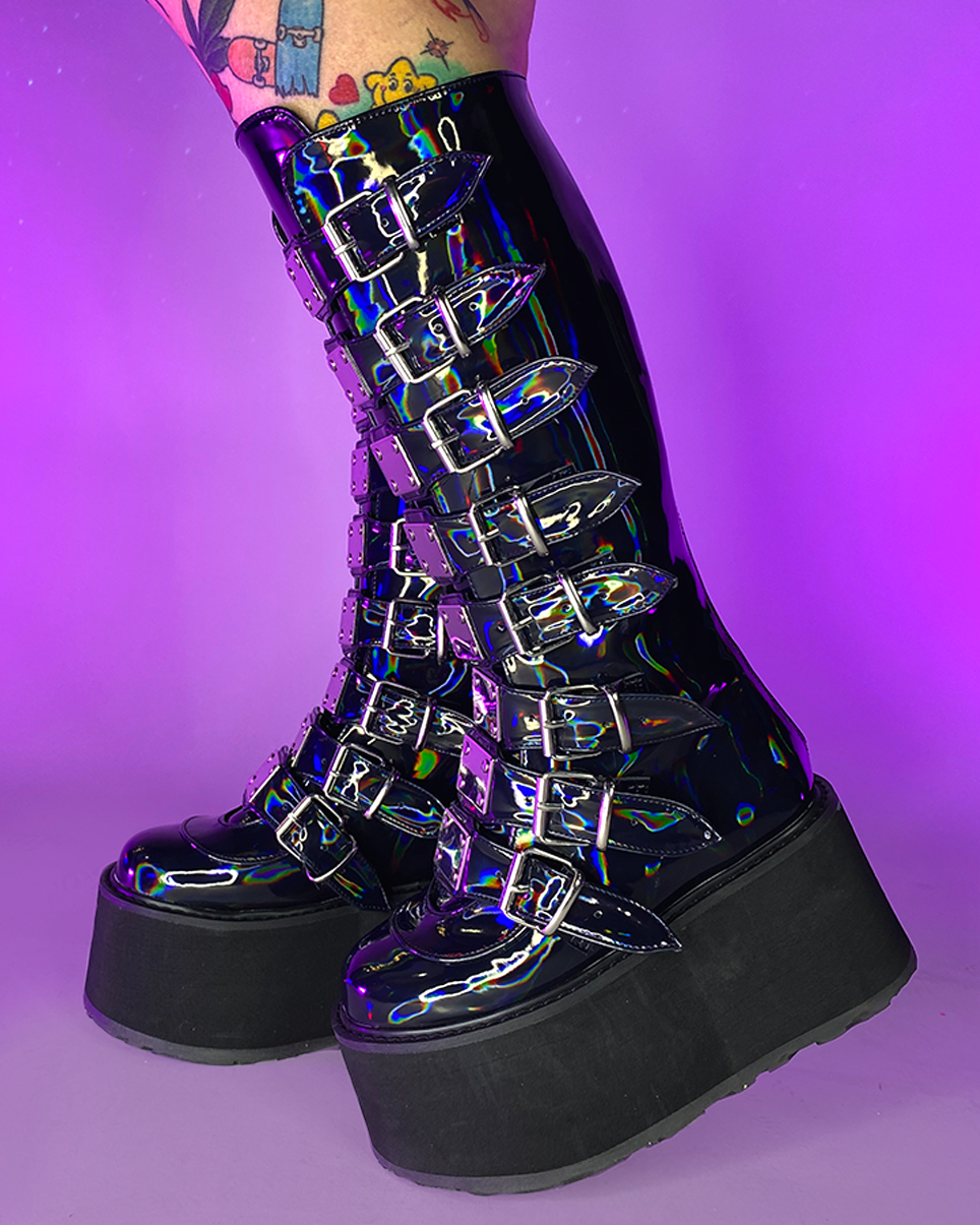 Demonia Black Holographic Buckled Knee High Platform Boots - Rave Wonderland