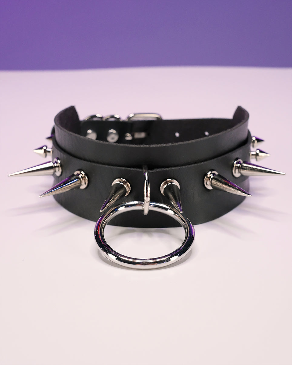 Spiked & Studded O-Ring Faux Leather Choker - Rave Wonderland