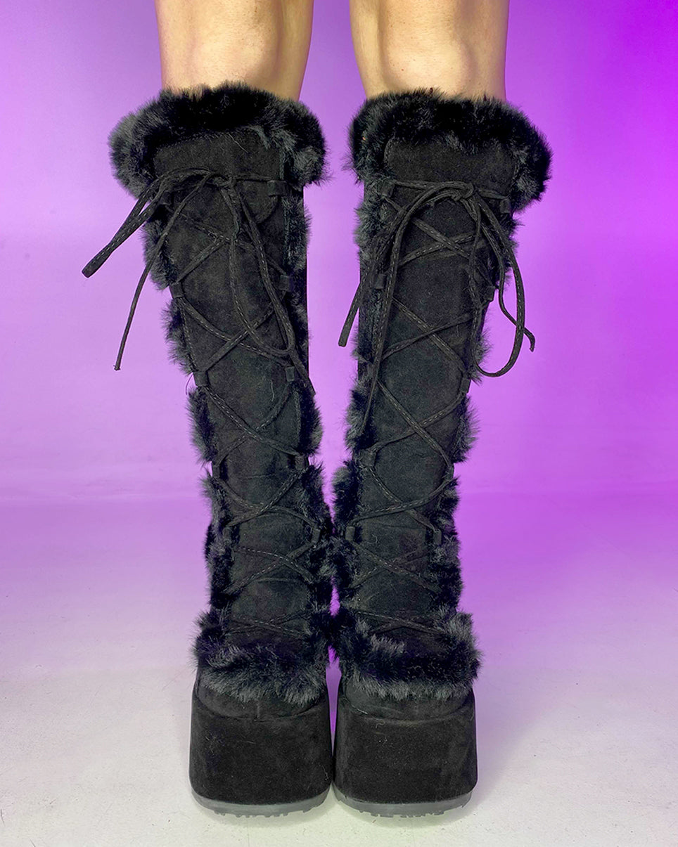 Demonia Black Furry Winter Faux Fur Boots for Comfort – Rave