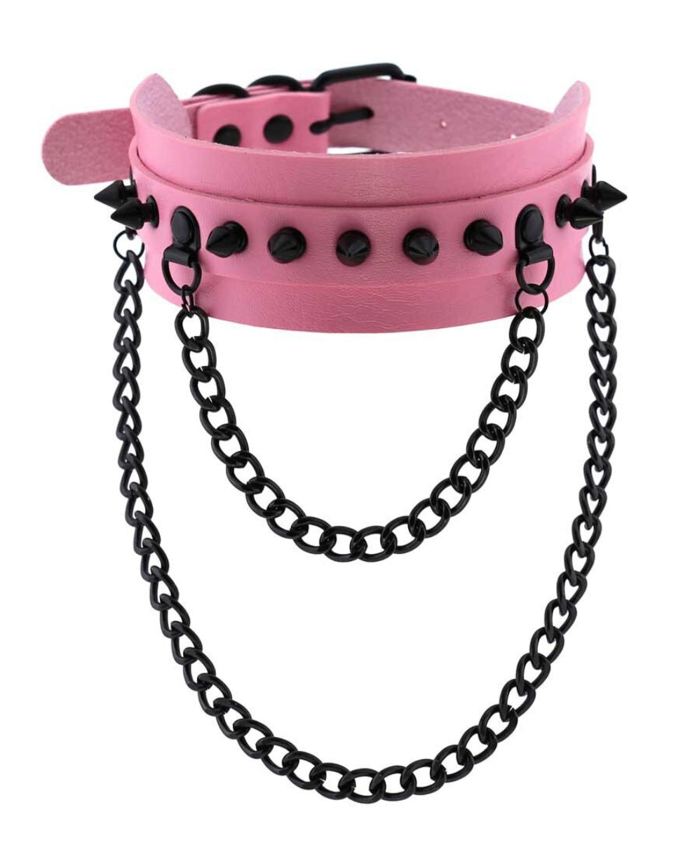 Spike Faux Leather Choker with Hanging Chains - Rave Wonderland