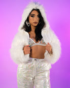White LED White Furry Cropped Hooded Jacket - Rave Wonderland