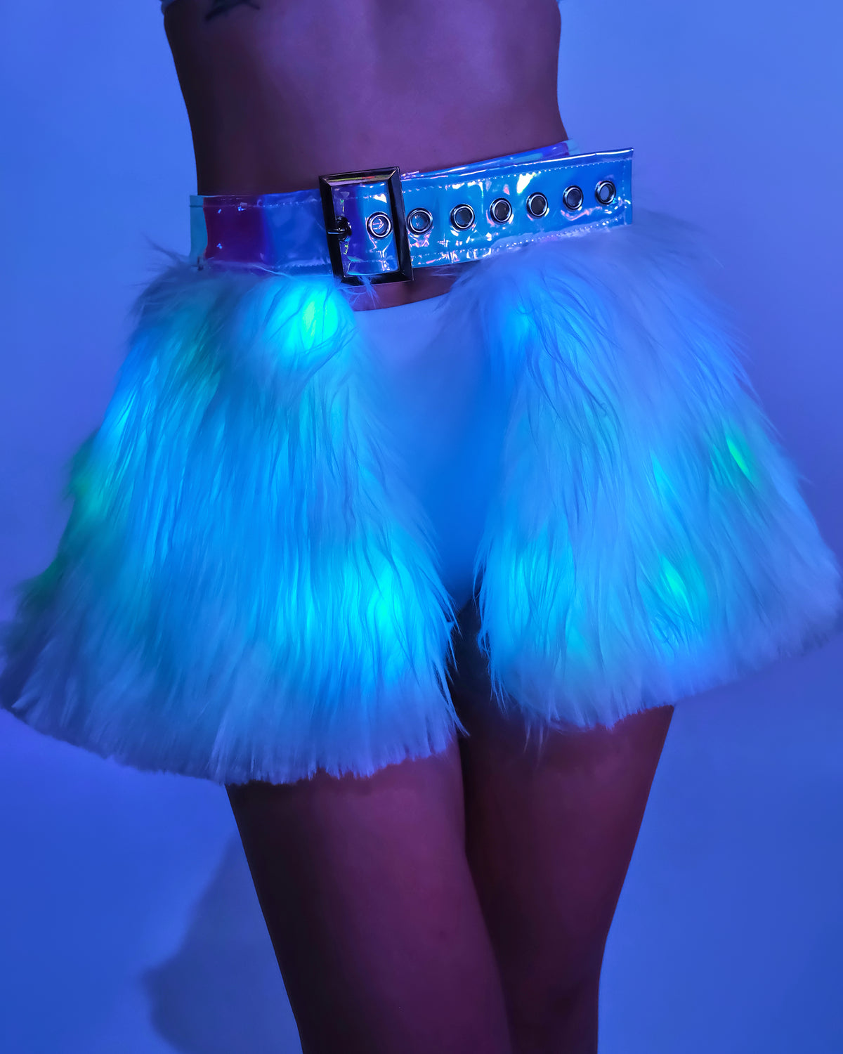 Blue/Green LED White Fur Belted Skirt