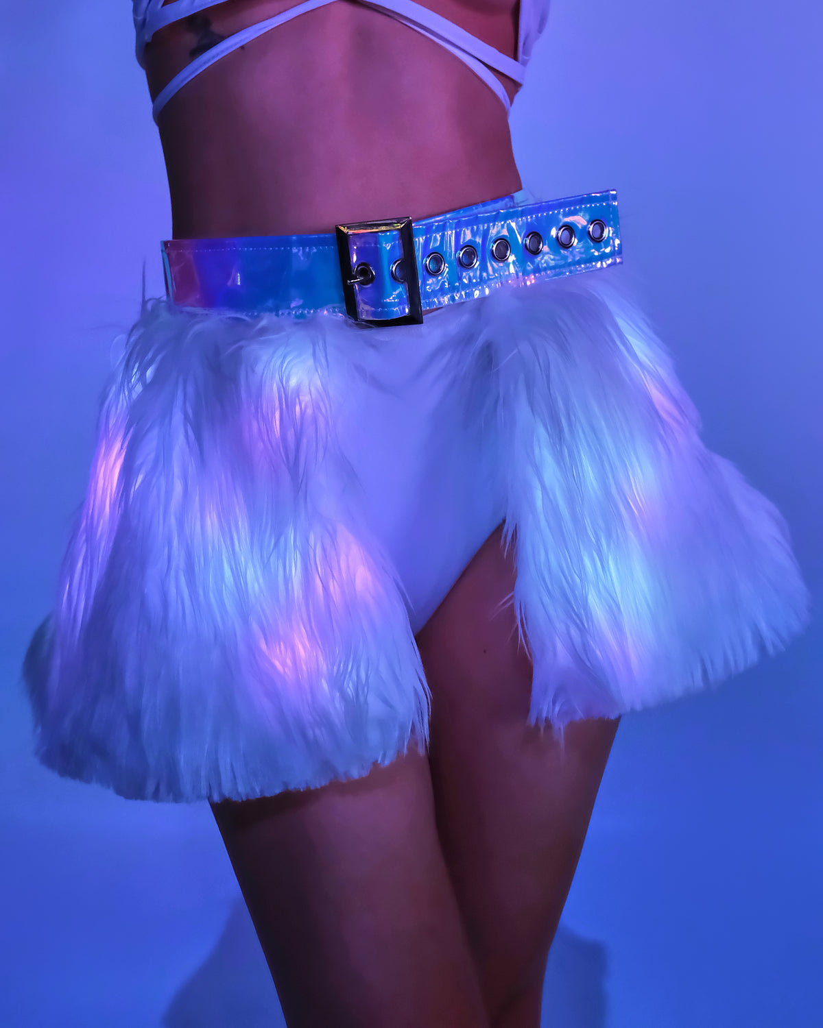 White/Pink LED White Fur Belted Skirt