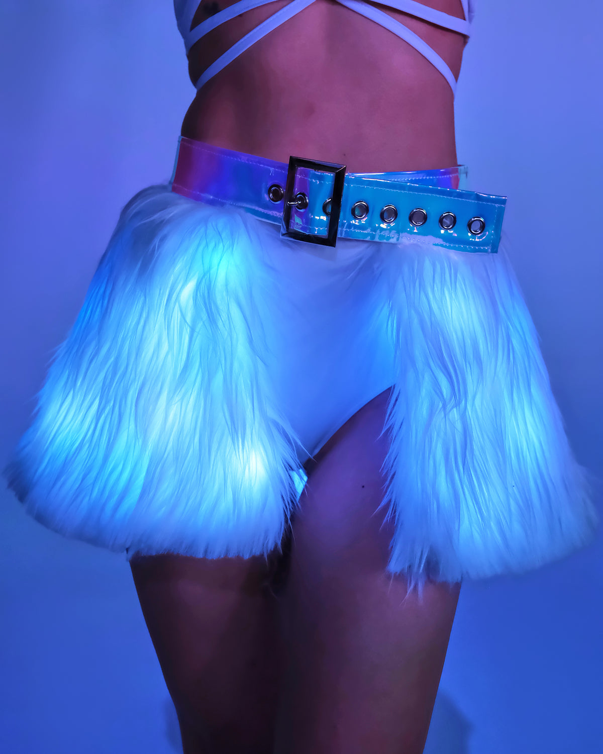 White/Blue LED White Fur Belted Skirt