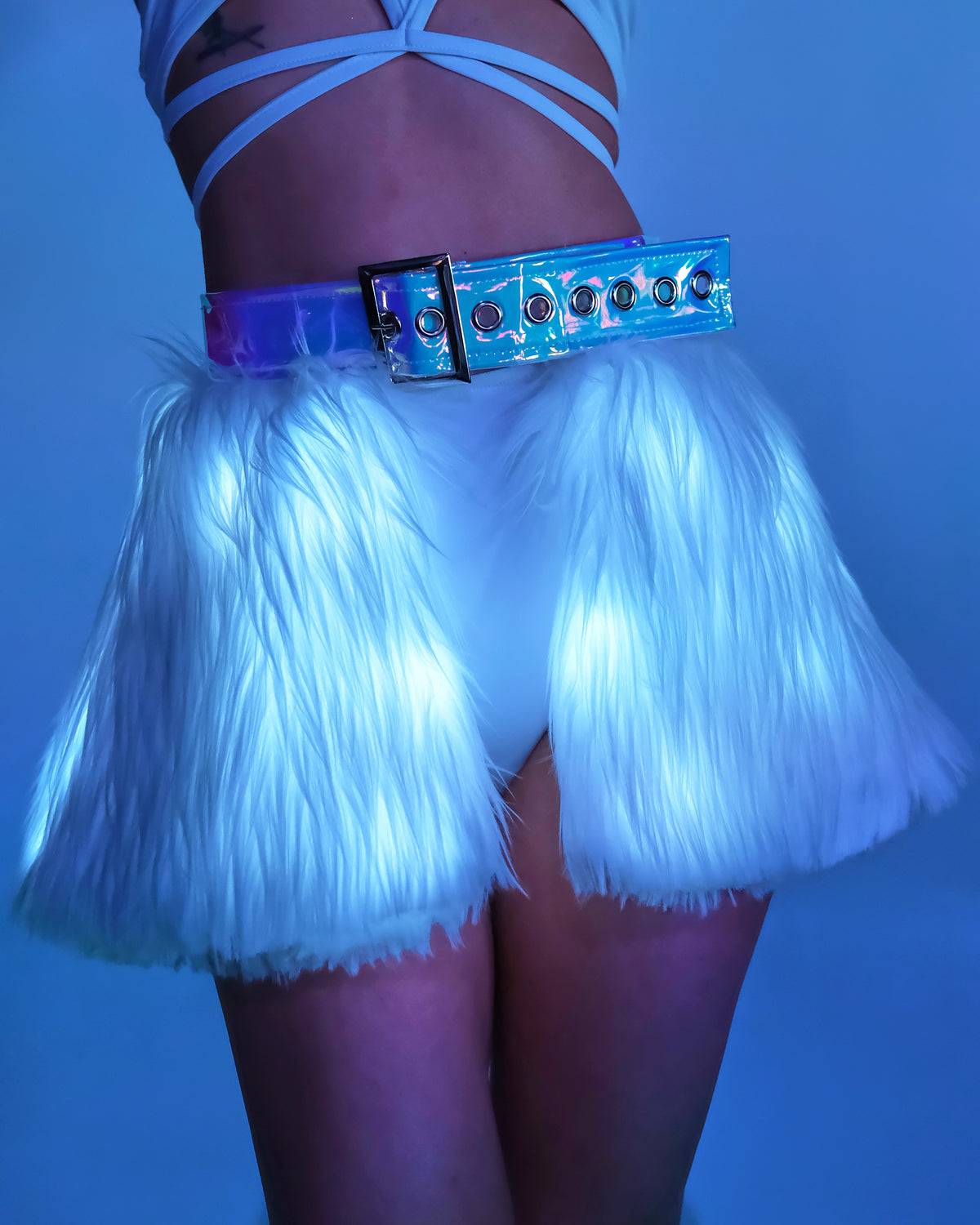 White LED White Fur Belted Skirt