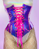 Hot Pink Vinyl Holographic Corset Waist Cincher - Rave Wonderland