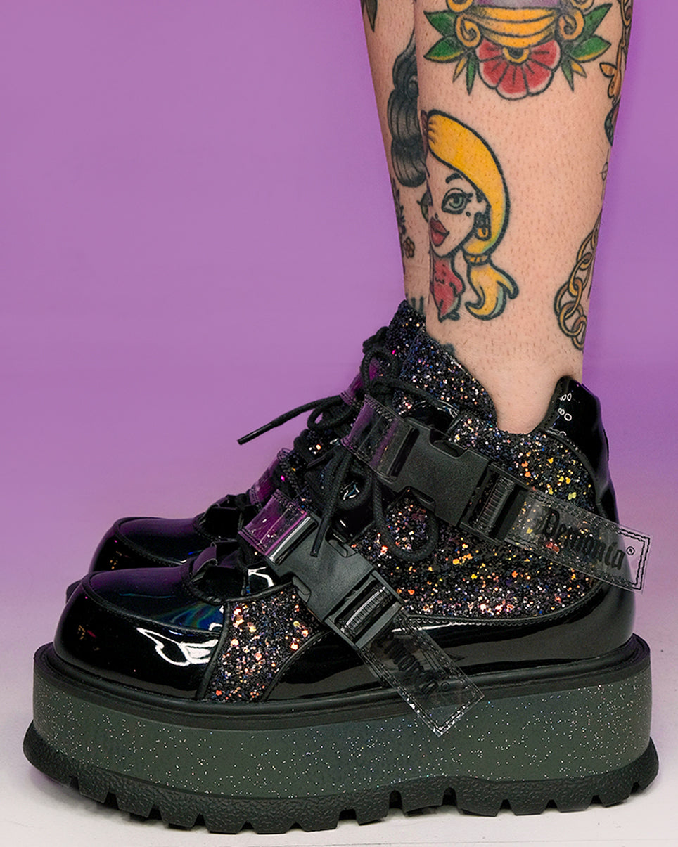 Demonia Slacker Black Glitter Ankle Boots