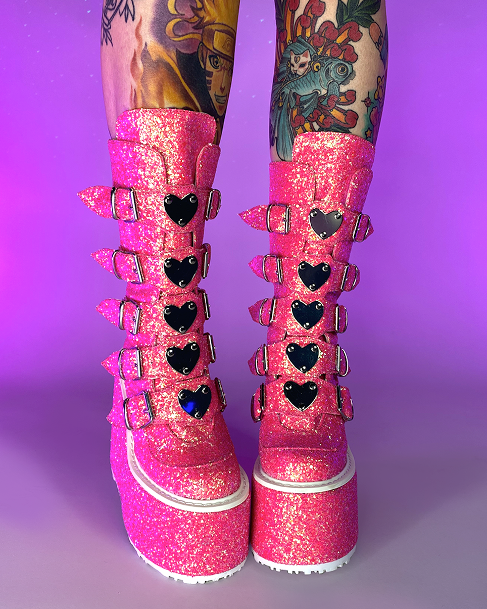Demonia Pink Glitter Platform Mid-Calf Boots - Rave Wonderland