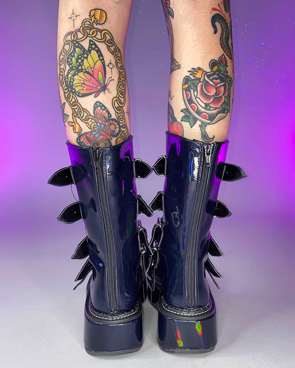 Demonia Emily Holo Black Heart-Buckle Boots