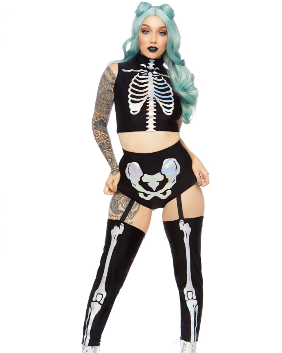 3pc Holographic Skeleton w Attached Leggings - Rave Wonderland
