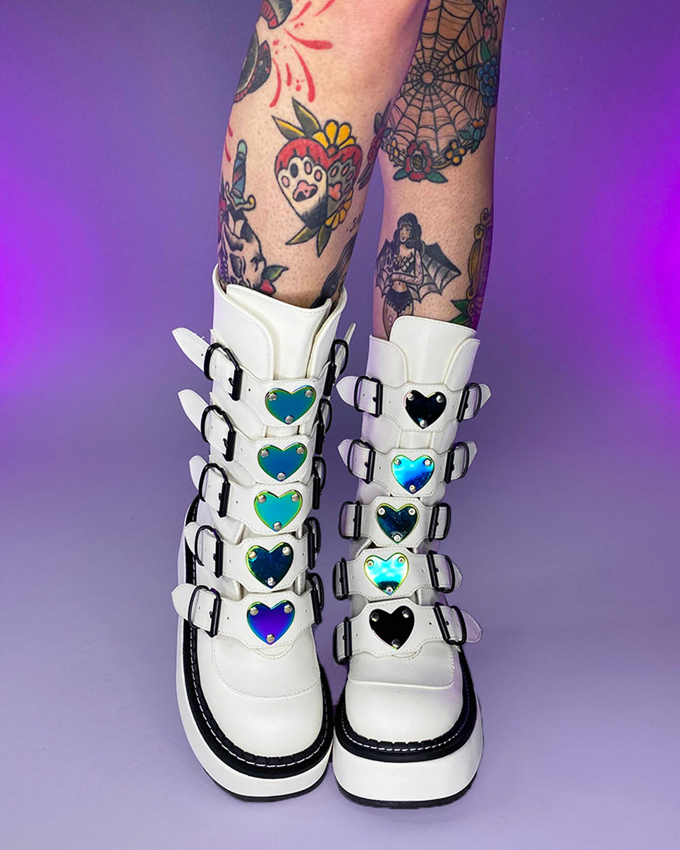 Demonia Emily White Heart-Buckle Boots