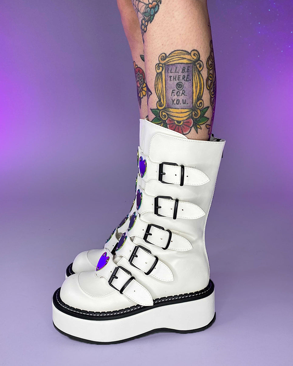 Demonia Emily White Heart-Buckle Boots