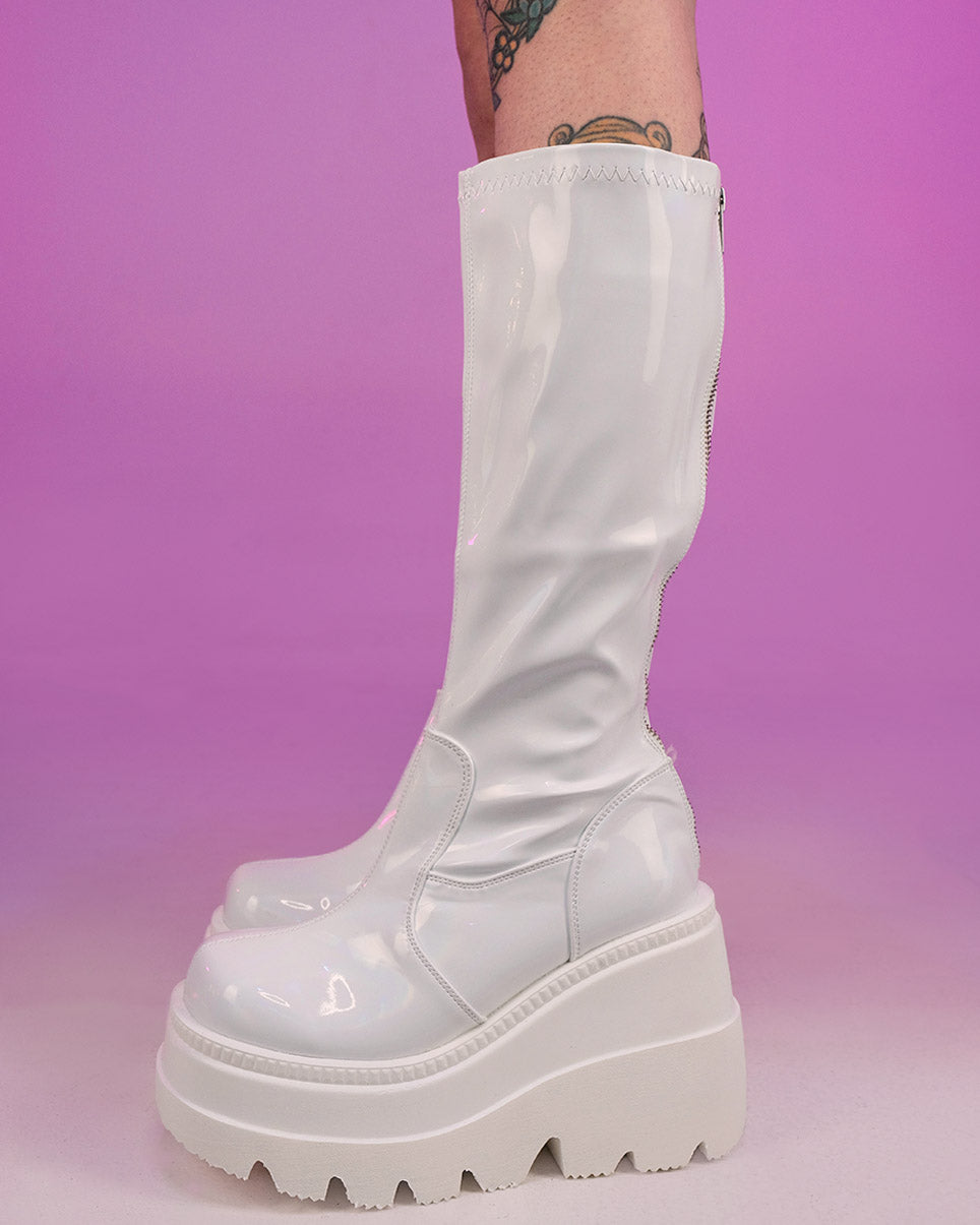 Demonia Shaker White Holo Knee High Boots
