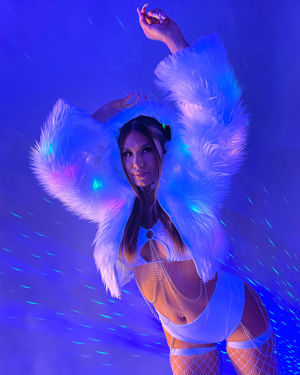 Multi-Color LED White Furry Cropped Hooded Jacket - Rave Wonderland