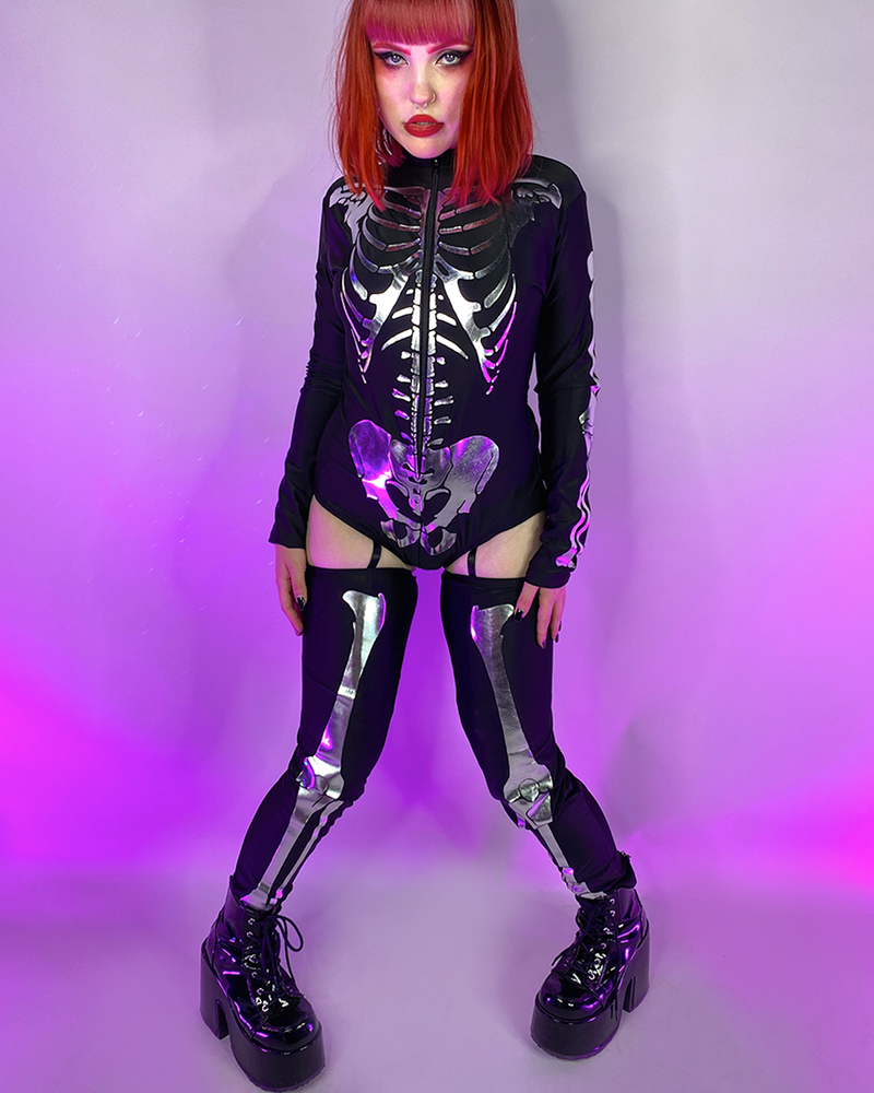 Silver Metallic Long Sleeve Skeleton Bodysuit & Thigh Highs Costume - Rave Wonderland