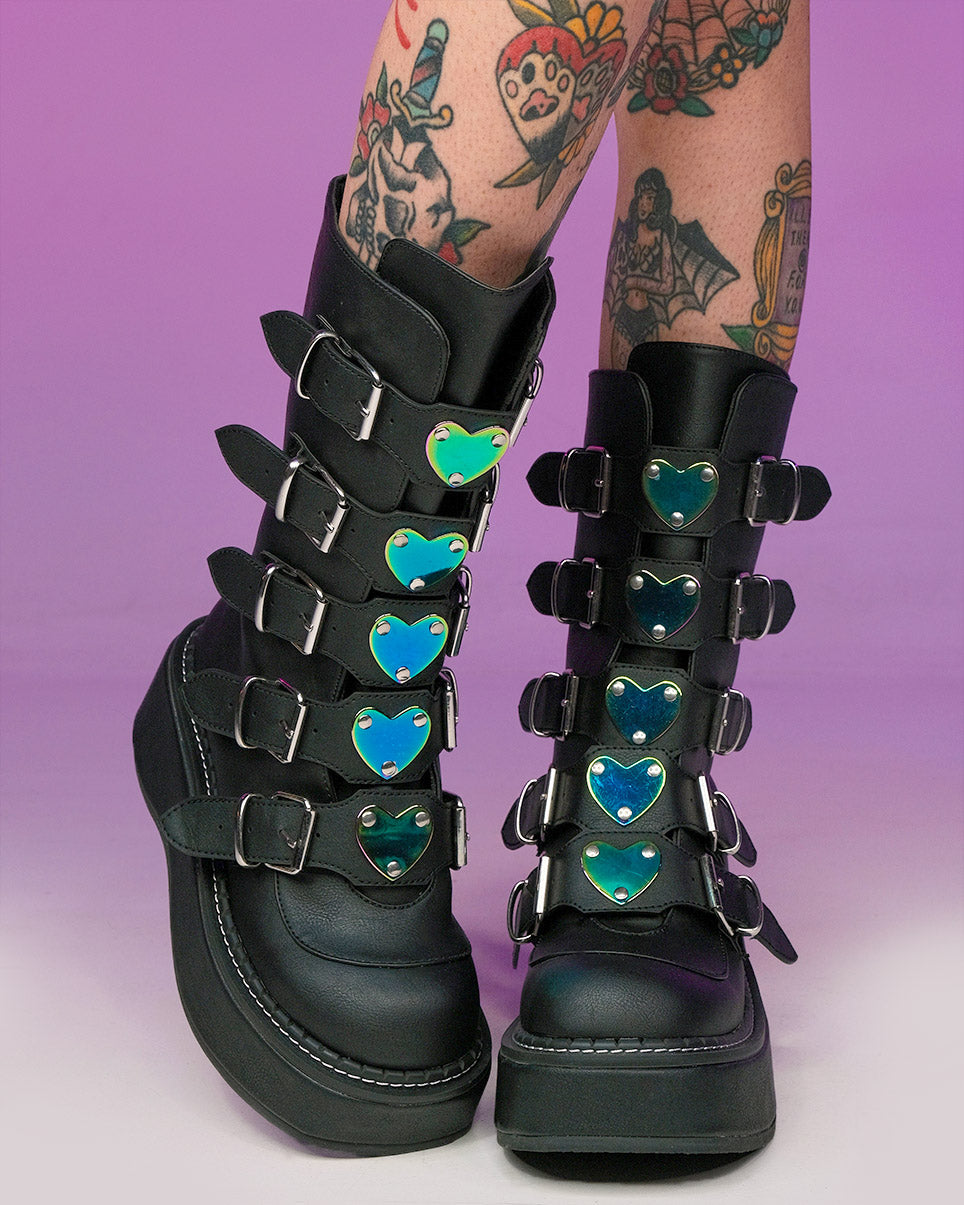 Demonia Emily Vegan Leather Heart-Buckle Boot - Rave Wonderland