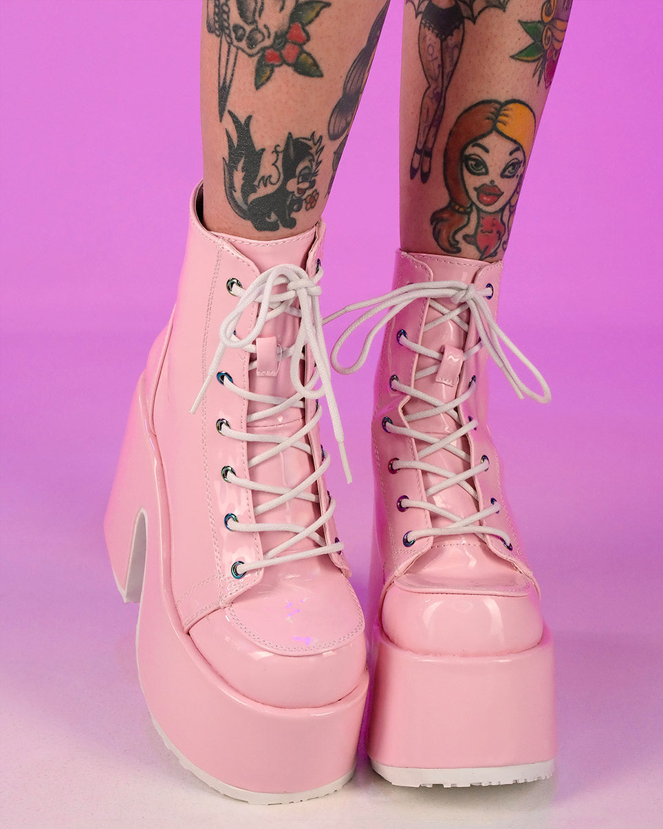 Demonia Holo Pink Lace-Up Ankle Boot - Rave Wonderland