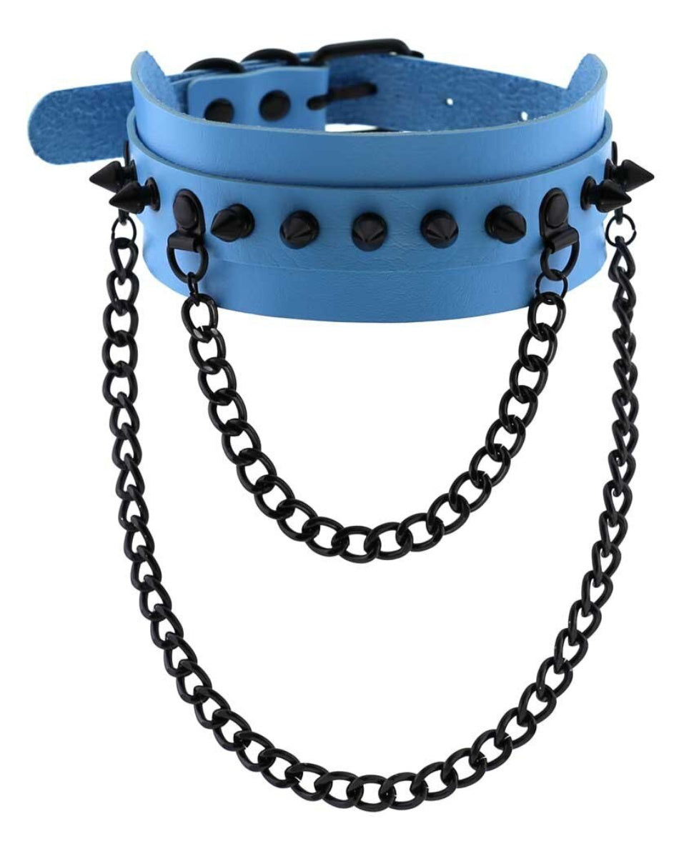 Spike Faux Leather Choker with Hanging Chains - Rave Wonderland