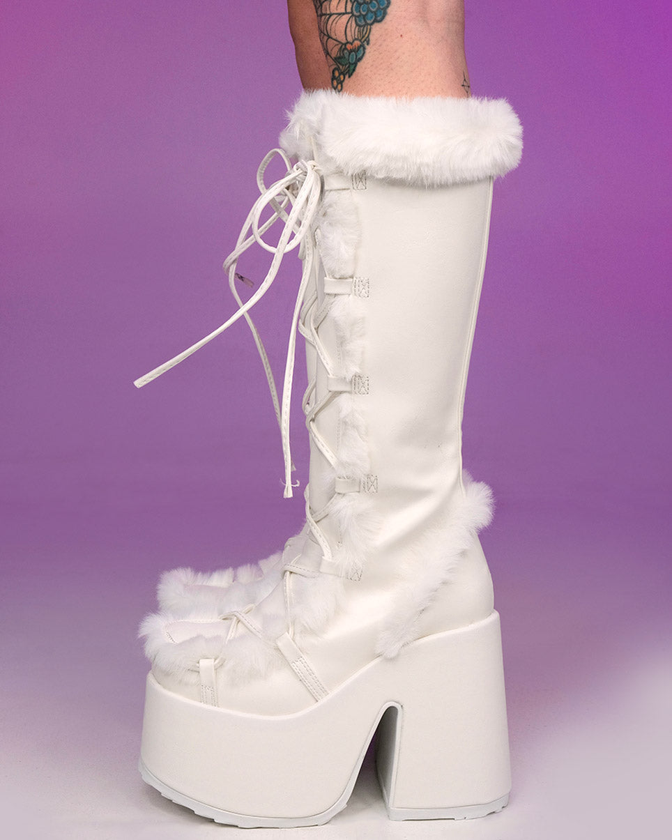 Demonia White Furry Winter Faux Fur Boots - Rave Wonderland