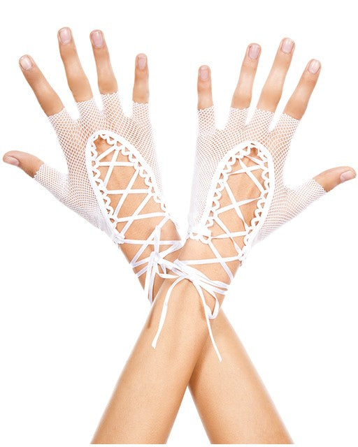 Totally Bitchin' Lace-Up Fishnet Gloves, White