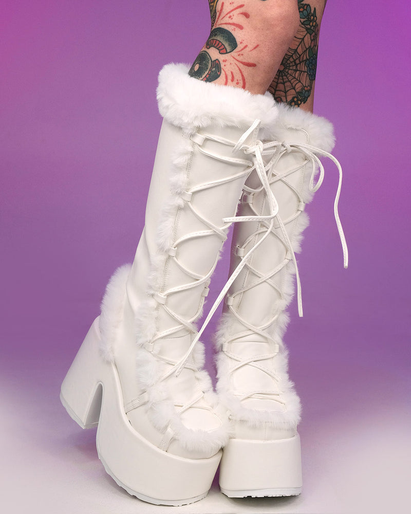 Demonia White Furry Winter Faux Fur Boots - Rave Wonderland