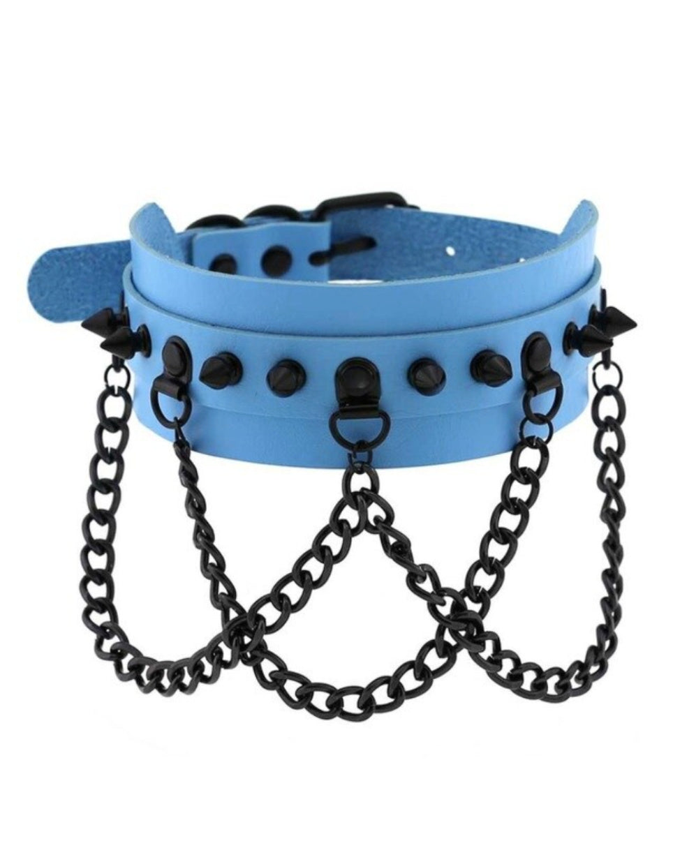 Spike & Chains Faux Leather Choker - Rave Wonderland
