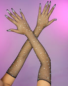 Black Rhinestone Fishnet Long Gloves - Rave Wonderland