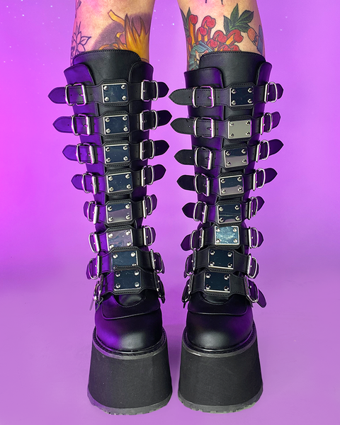 Demonia Matte Black Studded Mid-Calf Platform Boots