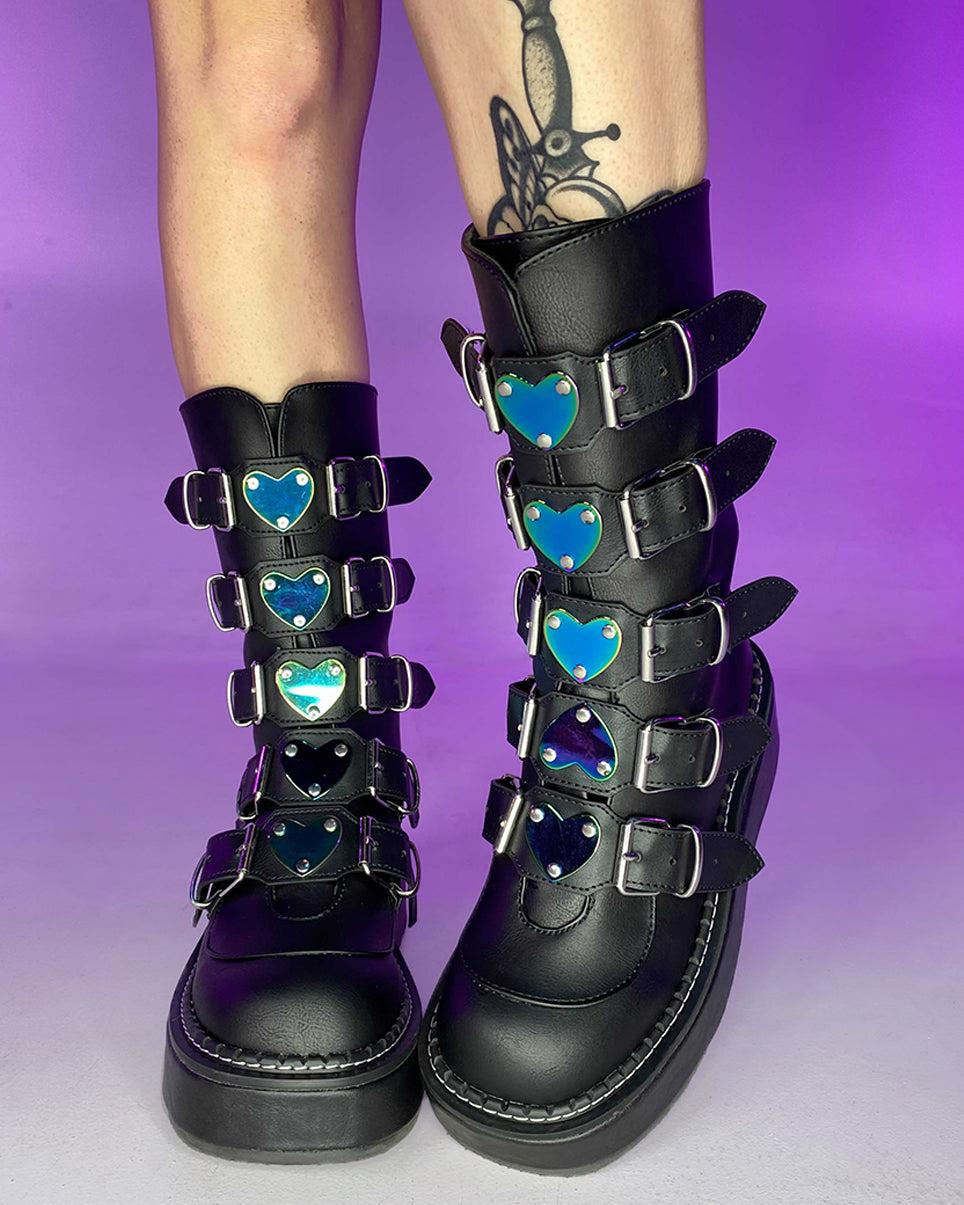 Demonia Emily Vegan Leather Heart-Buckle Boot - Rave Wonderland