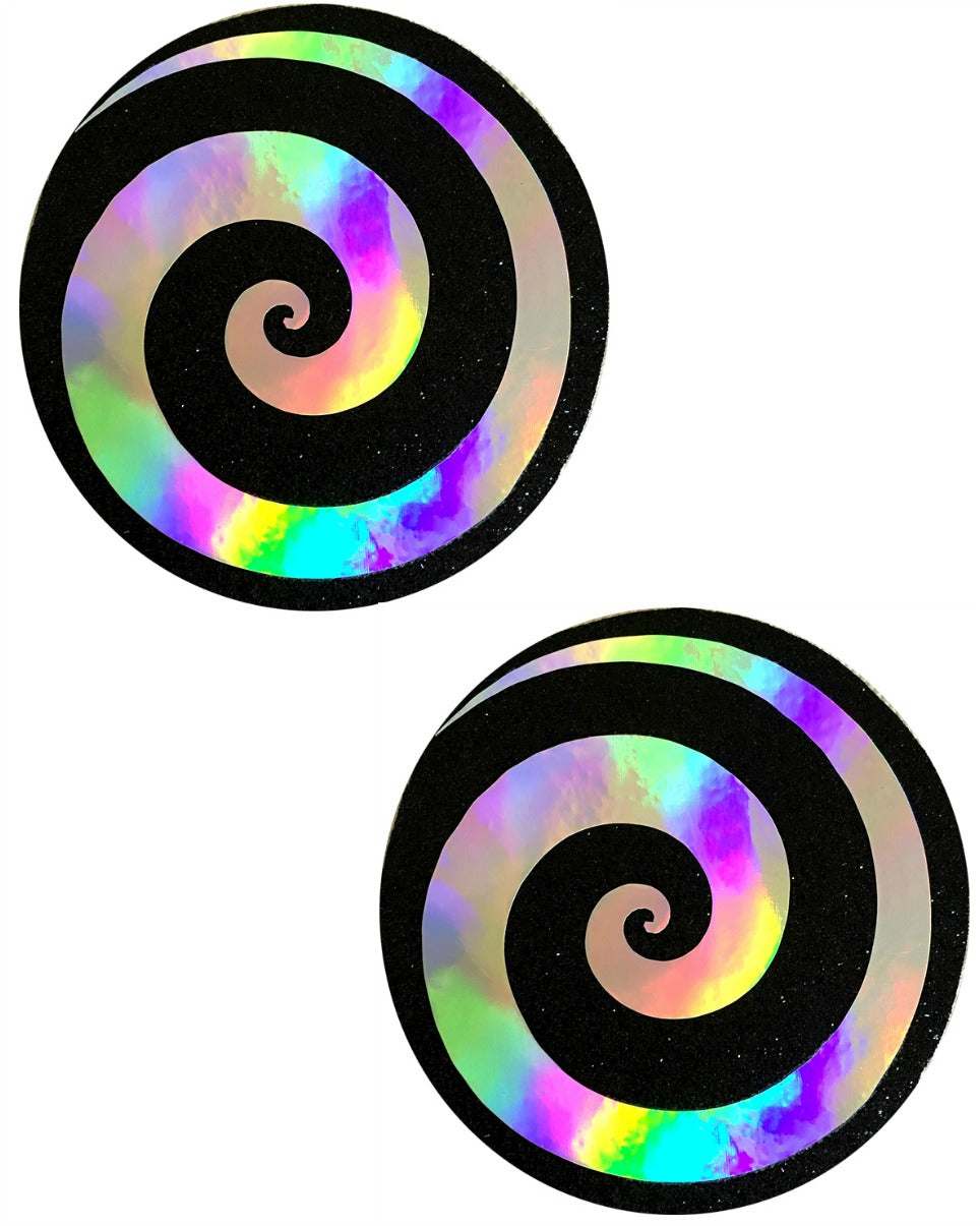 Care Bear Stare Holographic Spiral on Black Nipple Pasties -  rave wear, rave outfits, edc, booty shorts