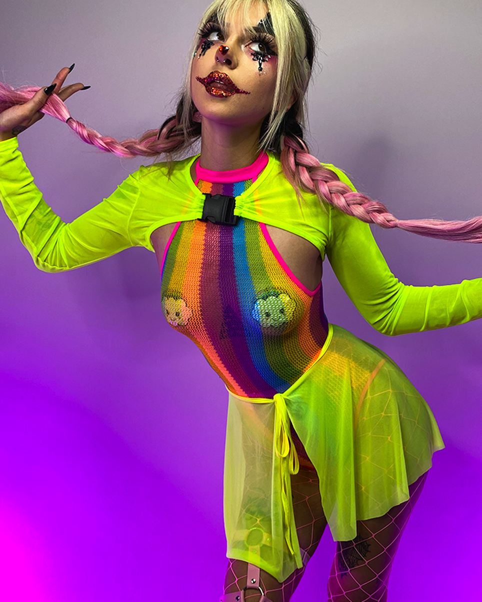 Rainbow Mesh Fishnet Rave Bodysuit - Rave Wonderland