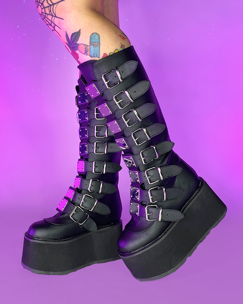 Demonia Damned Matte Black Knee High Boots - Rave Wonderland