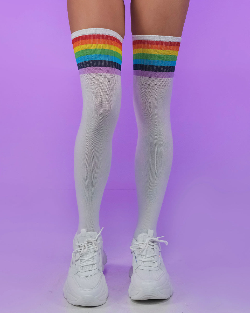 Rainbow and White Striped Thigh High Socks - Rave Wonderland