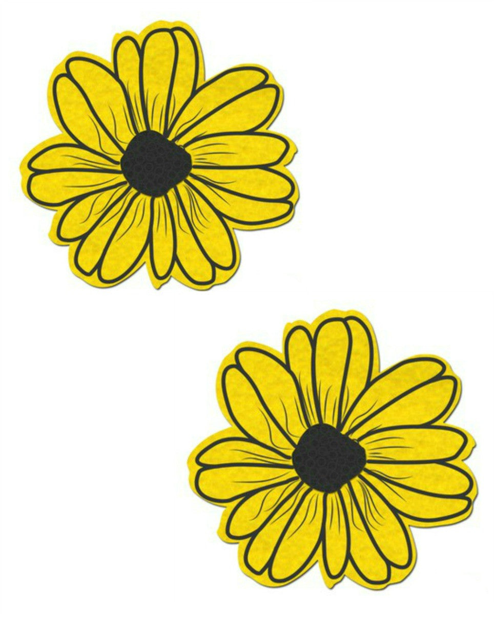 DAISY: YELLOW AND BLACK WITH BLACK FLOWER NIPPLE PASTIES -  rave wear, rave outfits, edc, booty shorts