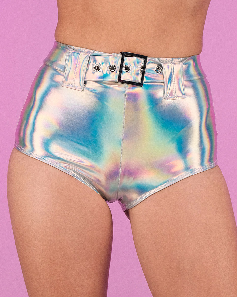 Silver Holo Foil Belted Shorts