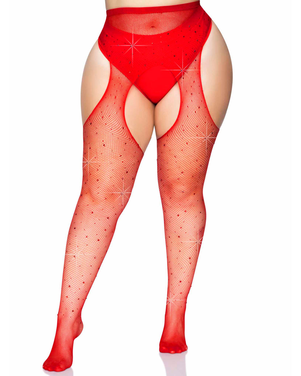 Rhinestone Fishnet Suspender Pantyhose - Rave Wonderland