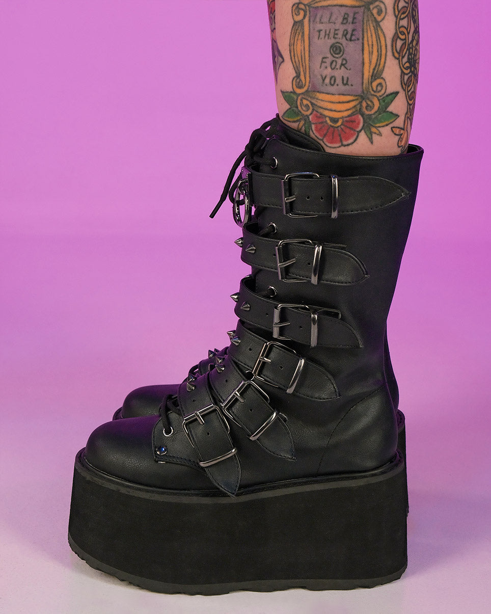 Demonia Matte Black Studded Mid-Calf Platform Boots - Rave Wonderland