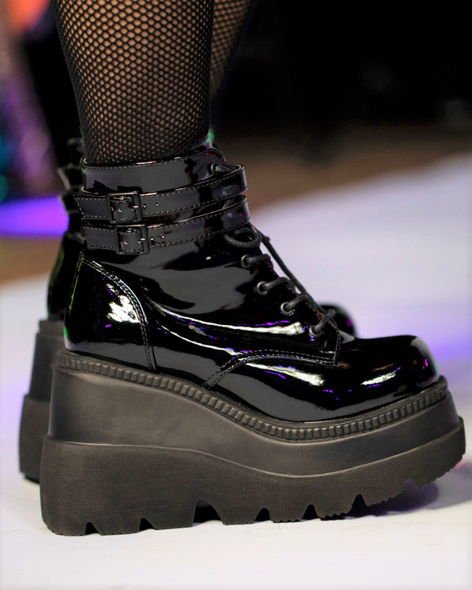 Demonia Black Patent Stacked Platform Ankle Boots - Rave Wonderland