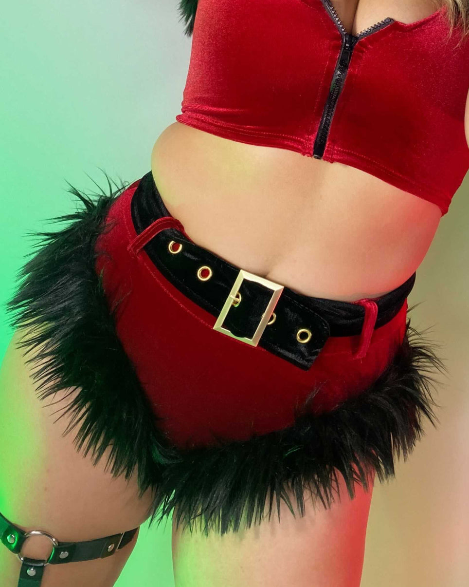 Naughty or Nice Santa Red Velvet Black Buckle High Waist Shorts - Rave Wonderland