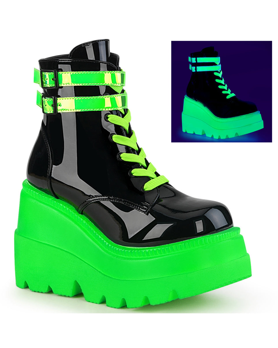 Demonia Neon Green Wedge Platform Lace-Up Front Ankle Boot - Rave Wonderland