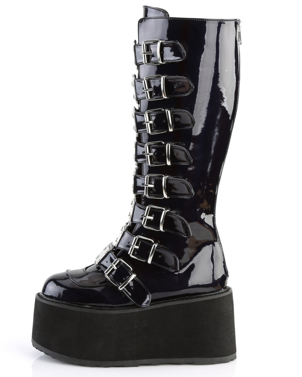 Demonia Black Holographic Buckled Knee High Platform Boots - Rave Wonderland
