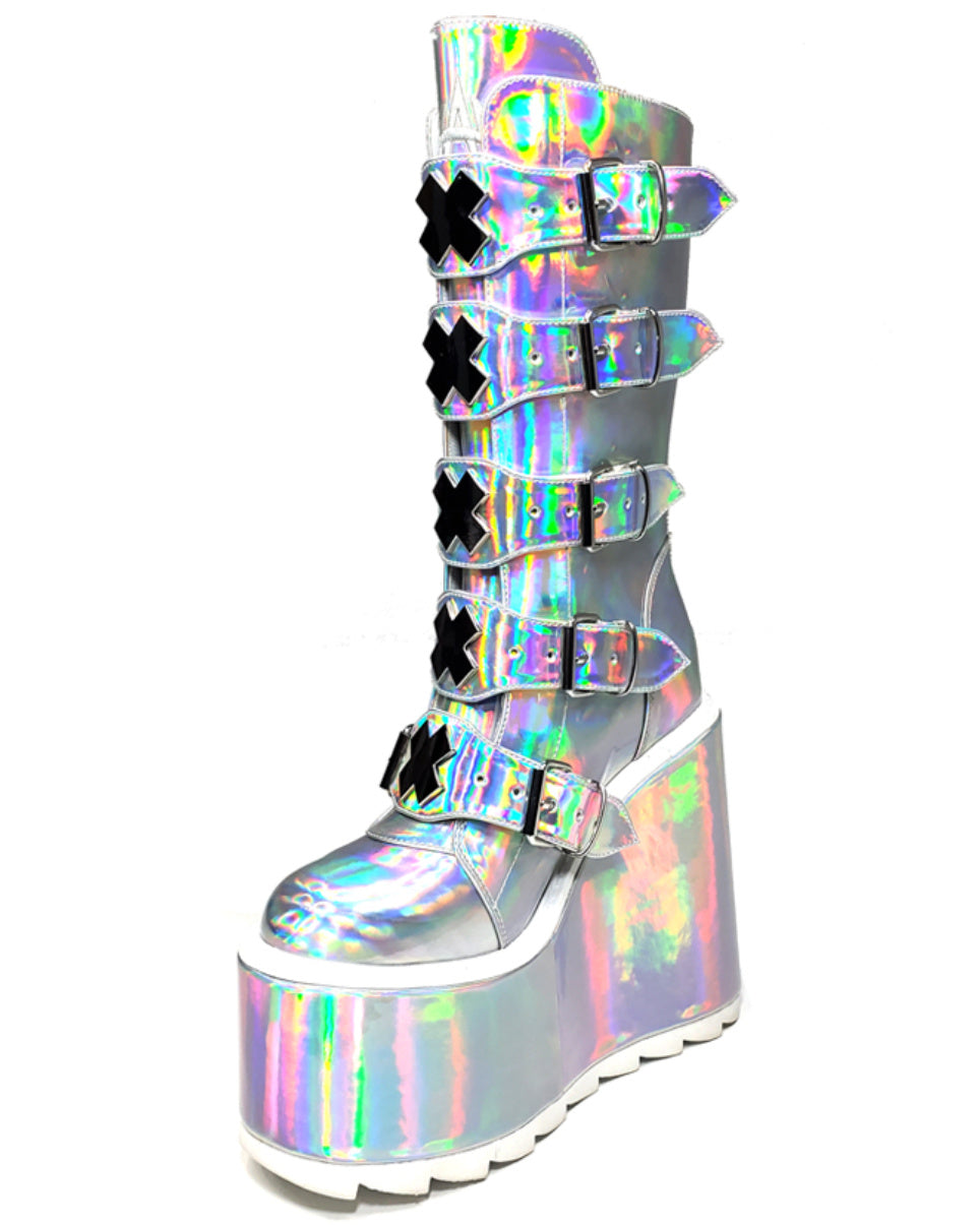 YRU Dune Holographic Silver X Platform Shoes - Rave Wonderland