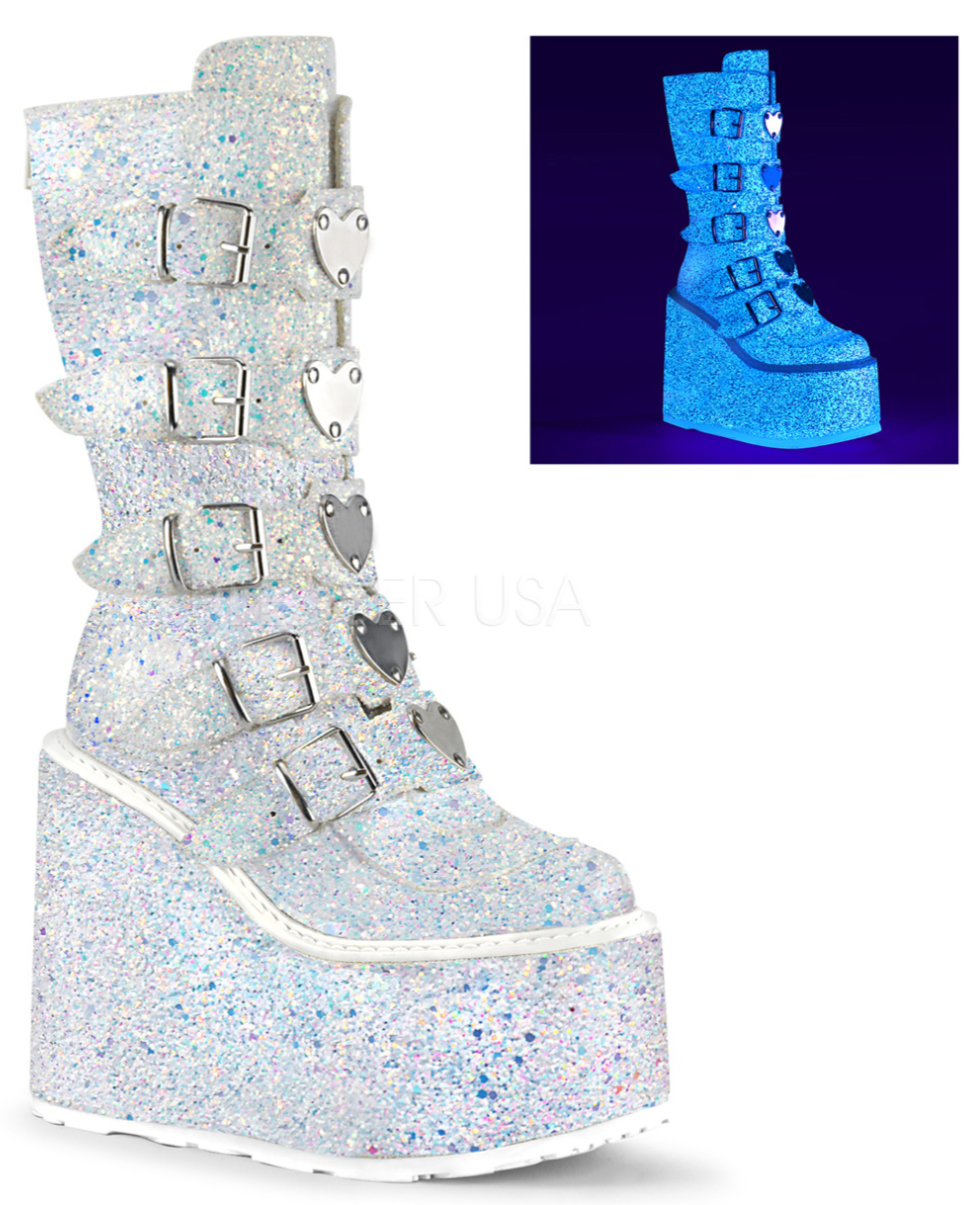 Demonia White Multi Glitter Platform Mid-Calf Boots - Rave Wonderland